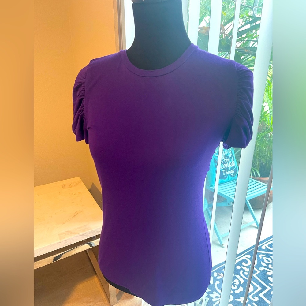 Elie Tahari purple puff sleeve blouse.